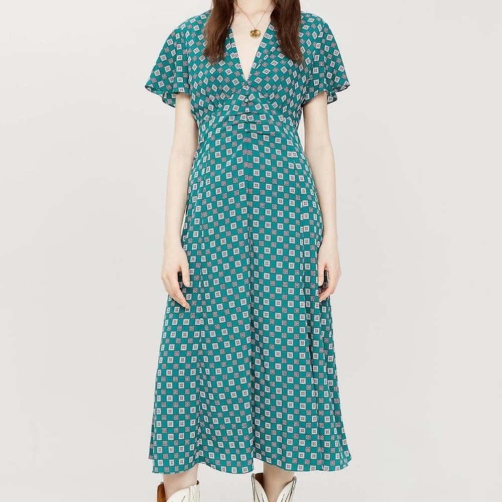 Sandro Paris Adano Square Print Crepe Midi Dress Size 2